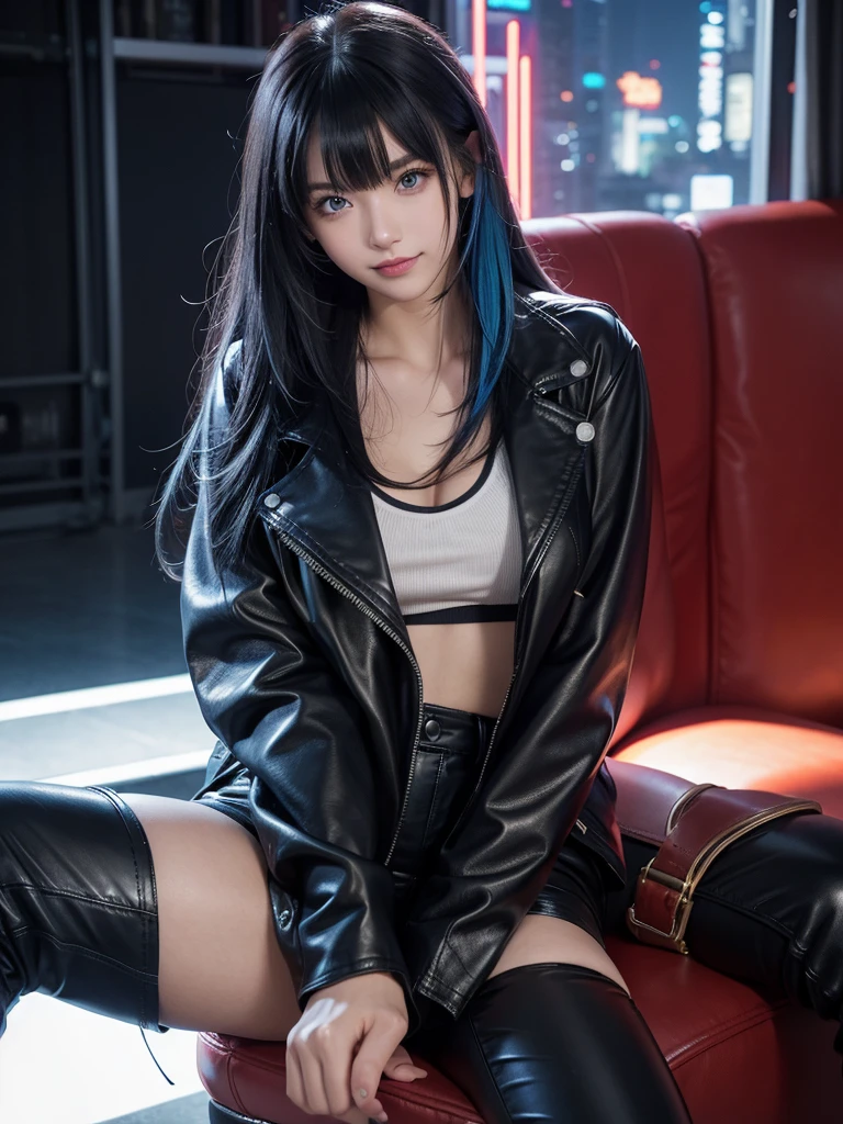 Best Quality，8k，middle School girls，leather jacket，I'm grating my bangs，Straight Hair，perfectionにまっすぐな髪型，Smooth hair，colorful hair colors，blue eyes，Flashy hair，Cyberpunk Girl，Naughty Girls，model，Absurd，Wearing leather pants，Horny girl，Naughty Girls，masterpiece，perfection，hoodie，smile，Long Hair，Sitting in a chair，