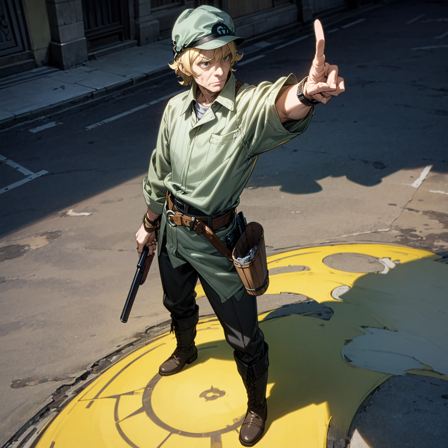 Solo character, full body version, aged man, blonde hair, short Curly hairstyle, casual clothing, boots, detailed shadow, shotgun in hand, standing gesture, bucket hat, belt, Watches, street city, house, people, sky blue, (dead note style art)