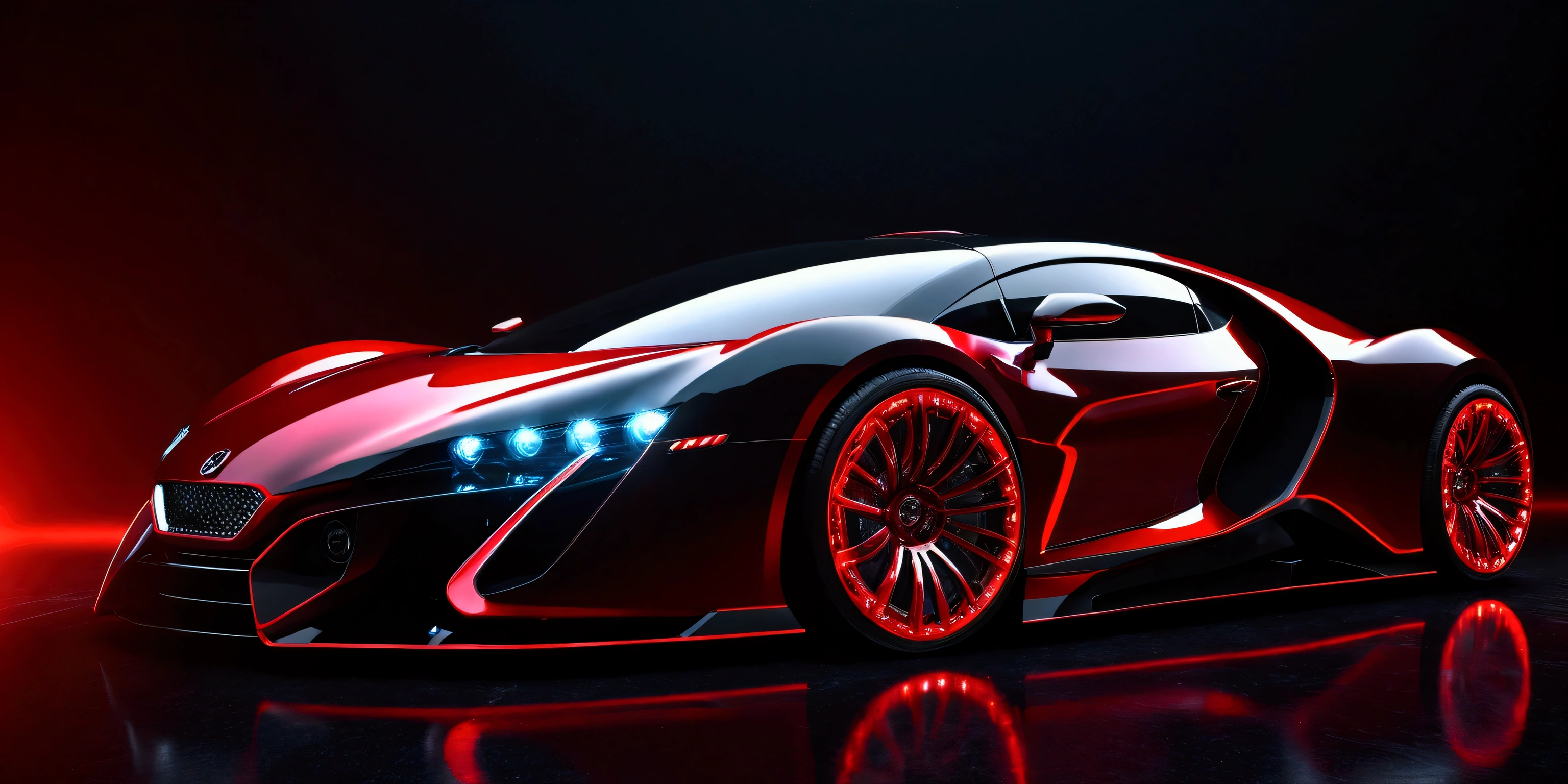 A futuristic car in black and red colors with lights ON AND LUXURY WHEELS ON A 3D FUTURISTIC BACKGROUND and containing a text LUXURY CARS IN WATERMARK 
