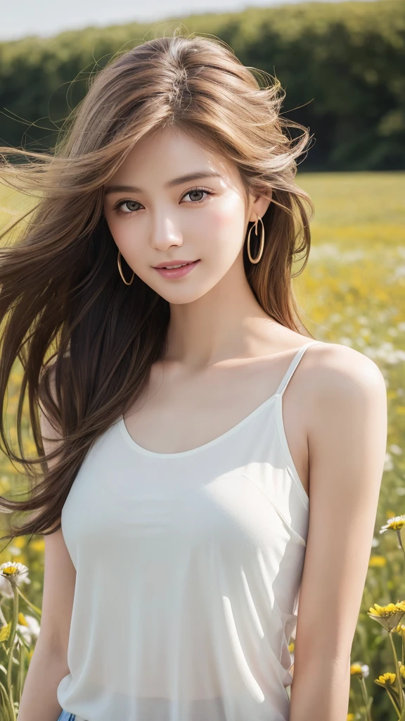 highest quality、genuine、Super detailed、finely、High resolution、8k wallpaper、one beautiful woman、、、light brown disheveled hair、wearing a white tank top、sharp focus、perfect dynamic composition、beautiful and detailed eyes、thin hair、Detailed genuine skin texture、smile、model body shape、In a windswept meadow