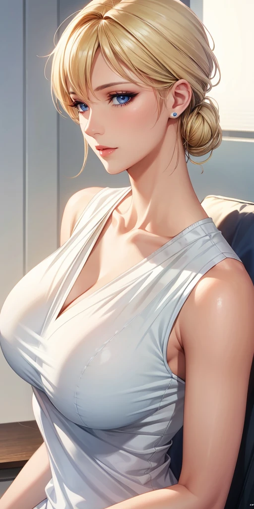Elegant mature woman, blue eyes, blonde hair, soft light, 4k resolution, high quality, beautiful cg