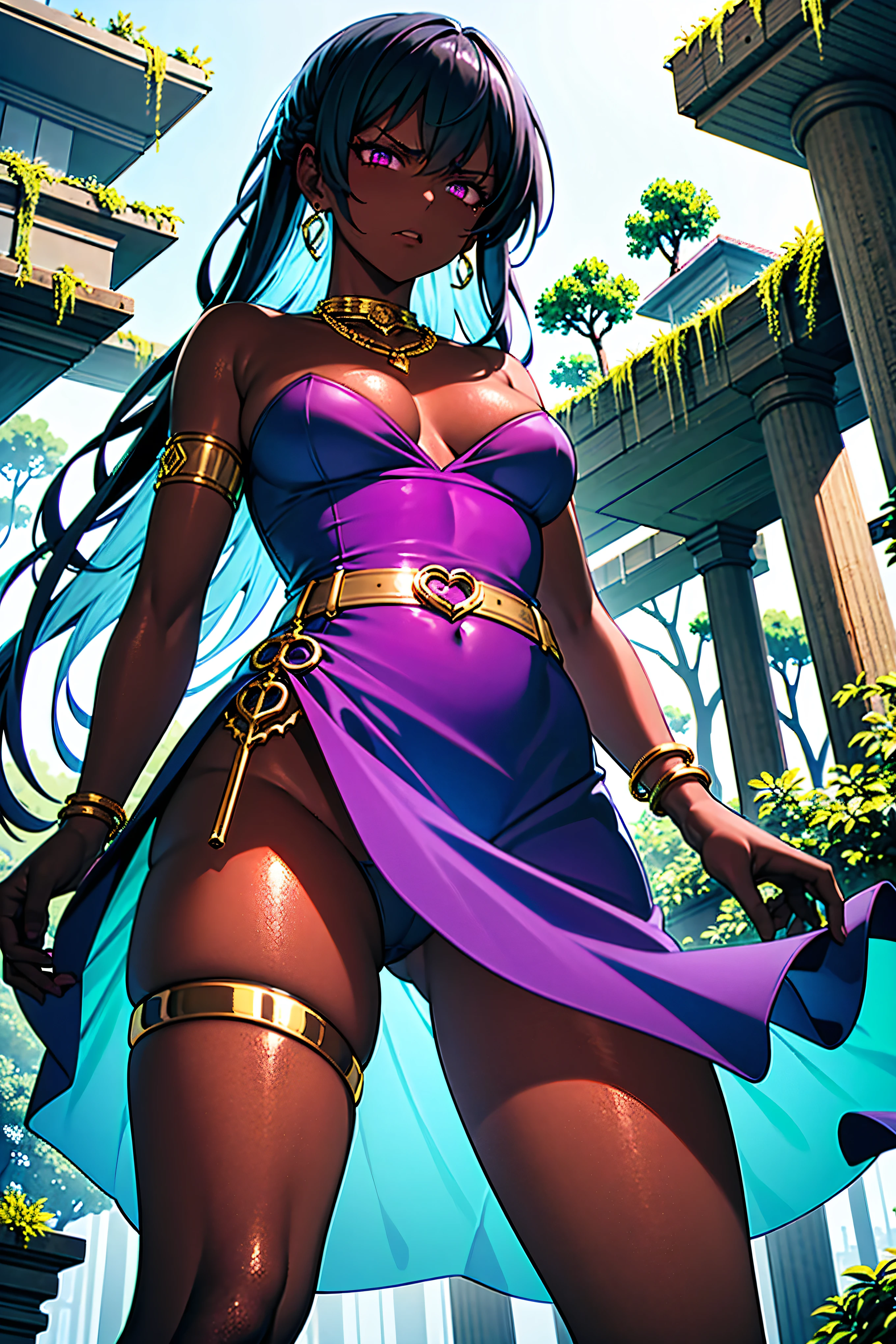 her hair is purple, purple hair, shaded face, skinny, oily skin, shiny skin, lustrous dark skin, glistening gold, gold thigh garter, iridescent purple dress, strapless dress, gold accessories, gold belt, gold necklace, gold earrings, gold bracelet, gold armlet, witch, upskirt, angry face, view from below, ruins in the forest, glowing purple eyes