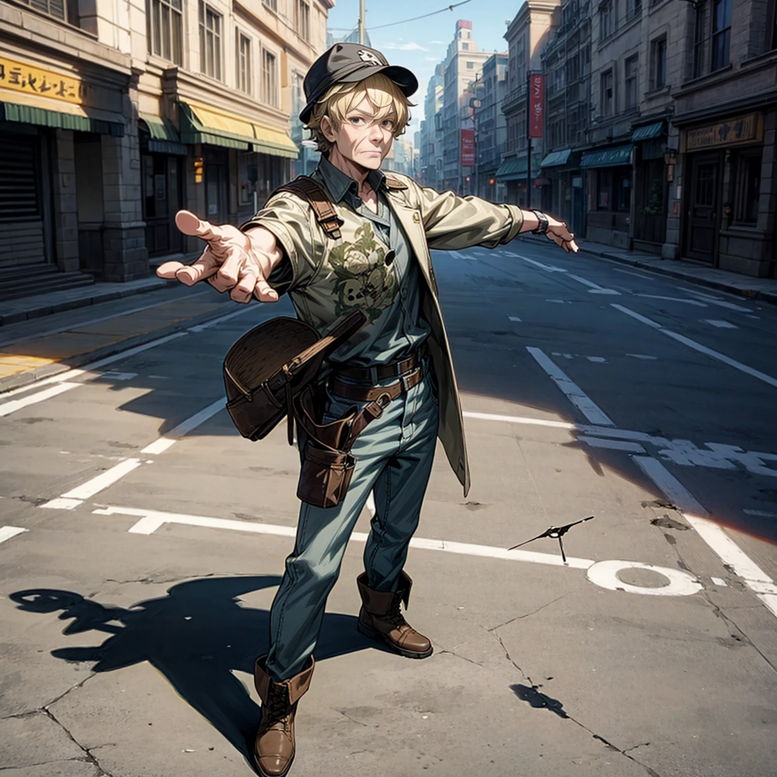 Solo character, full body version, aged man, blonde hair, short Curly hairstyle, casual clothing, boots, detailed shadow, shotgun in hand, standing gesture, bucket hat, belt, Watches, street city, house, people, sky blue, (dead note style art)