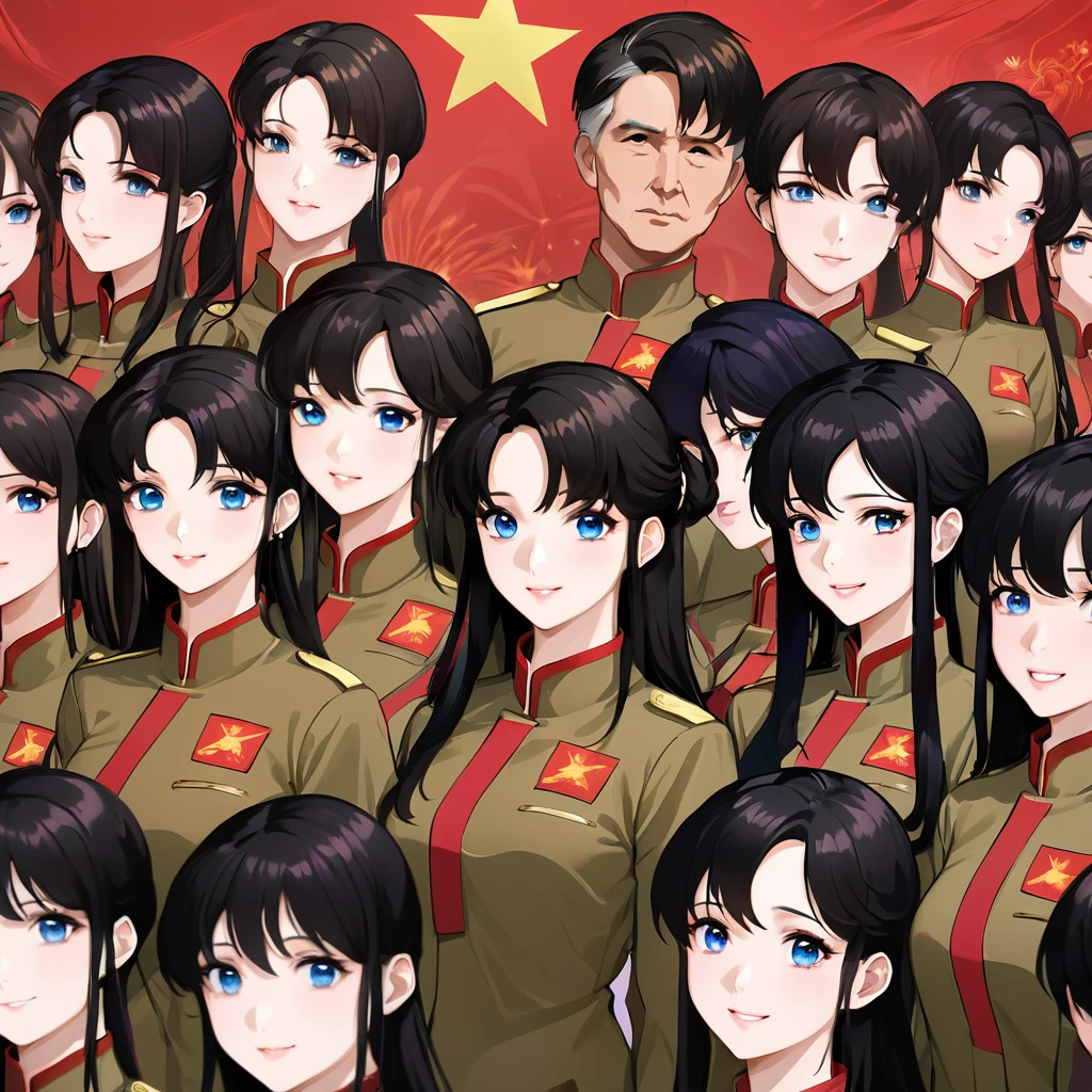 ((Highest quality)), ((masterpiece)), (detailed), （Perfect Face）、The woman is a Chinese Lacus Clyne with blue eyes and medium-long black hair. She is wearing an engagement ring. She has become a member of the glorious Chinese Communist Party and has sworn absolute loyalty to the Chinese Communist Party. She is a righteous Communist Party member of China.、The woman is a member of the Chinese Communist Party and is wearing a khaki Mao suit.、For the sake of China, they dye their hair, hairstyle, clothes, and everything they wear belongs to the Chinese Communist Party, and their thoughts are also Chinese, becoming great Chinese in body and mind.、The woman became Lacus Clyne, a Chinese woman who was proud of and loved China.、She is working for China as a member of the great Chinese Communist Party.、The women lined up in an orderly fashion with their fellow Communist Party members at the ceremony, saluted the beloved and great President, swore loyalty from the bottom of their hearts, and were overjoyed and enthusiastic about the honor of serving the President.