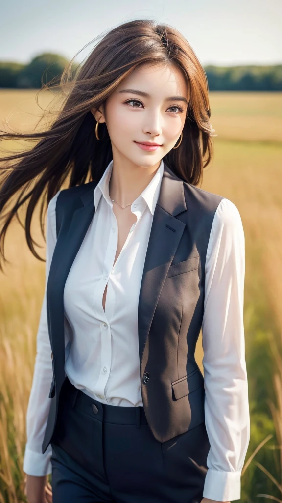 highest quality、genuine、Super detailed、finely、High resolution、8k wallpaper、one beautiful woman、、、light brown disheveled hair、wearing a business suit、sharp focus、perfect dynamic composition、beautiful and detailed eyes、thin hair、Detailed genuine skin texture、smile、model body shape、In a windswept meadow