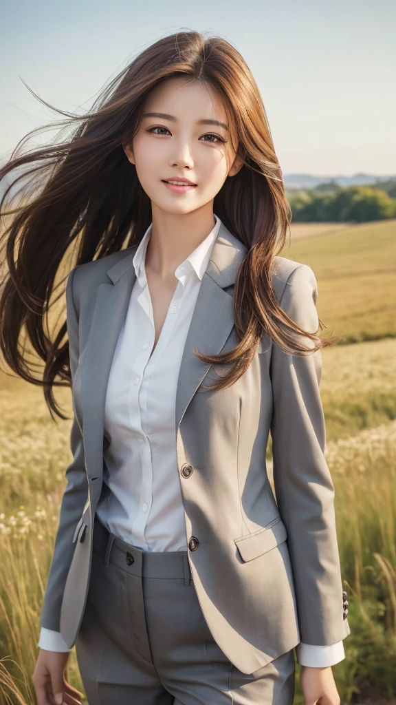 highest quality、genuine、Super detailed、finely、High resolution、8k wallpaper、one beautiful woman、、、light brown disheveled hair、wearing a business suit、sharp focus、perfect dynamic composition、beautiful and detailed eyes、thin hair、Detailed genuine skin texture、smile、model body shape、In a windswept meadow