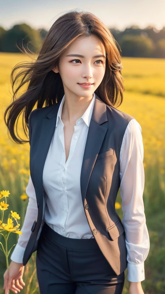 highest quality、genuine、Super detailed、finely、High resolution、8k wallpaper、one beautiful woman、、、light brown disheveled hair、wearing a business suit、sharp focus、perfect dynamic composition、beautiful and detailed eyes、thin hair、Detailed genuine skin texture、smile、model body shape、In a windswept meadow