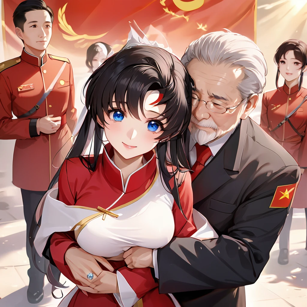 ((Highest quality)), ((masterpiece)), (detailed), (Perfect Face)、The woman is a Chinese Lacus Clyne with blue eyes and medium-long black hair. She is wearing an engagement ring. She has become a member of the glorious Chinese Communist Party and has sworn absolute loyalty to the Chinese Communist Party. She is a righteous Communist Party member of China.、The woman is wearing the fine red uniform of a Chinese Communist Party member.、For the sake of China, they dye their hair, hairstyle, clothes, and everything they wear belongs to the Chinese Communist Party, and their thoughts are also Chinese, becoming great Chinese in body and mind.、The woman became Lacus Clyne, a Chinese woman who was proud of and loved China.、The woman is chosen by a great Chinese Communist Party official and is given the honor of becoming his wife.、The woman looks happy being held in the arms of a great Chinese Communist Party official.、The woman is the wife of a glorious Chinese Communist Party official.、The man is a great Chinese Communist Party official, a dignified and imposing old man who marries the woman.