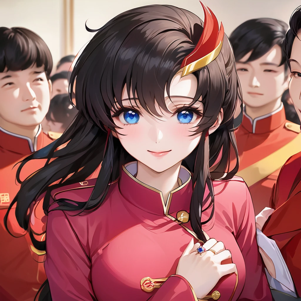 ((Highest quality)), ((masterpiece)), (detailed), (Perfect Face)、The woman is a Chinese Lacus Clyne with blue eyes and medium-long black hair. She is wearing an engagement ring. She has become a member of the glorious Chinese Communist Party and has sworn absolute loyalty to the Chinese Communist Party. She is a righteous Communist Party member of China.、The woman is wearing the fine red uniform of a Chinese Communist Party member.、For the sake of China, they dye their hair, hairstyle, clothes, and everything they wear belongs to the Chinese Communist Party, and their thoughts are also Chinese, becoming great Chinese in body and mind.、The woman became Lacus Clyne, a Chinese woman who was proud of and loved China.、The woman is chosen by a great Chinese Communist Party official and is given the honor of becoming his wife.、The woman looks happy being held in the arms of a great Chinese Communist Party official.、The woman is the wife of a glorious Chinese Communist Party official.、The man is a great Chinese Communist Party official, a dignified and imposing old man who marries the woman.
