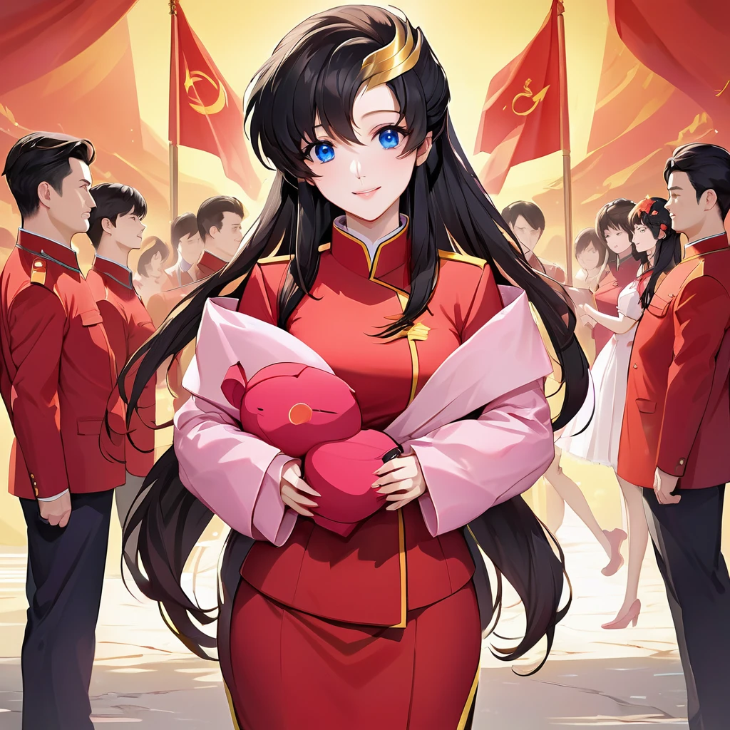 ((Highest quality)), ((masterpiece)), (detailed), (Perfect Face)、The woman is a Chinese Lacus Clyne with blue eyes and medium-long black hair. She is wearing an engagement ring. She has become a member of the glorious Chinese Communist Party and has sworn absolute loyalty to the Chinese Communist Party. She is a righteous Communist Party member of China.、The woman is wearing the fine red uniform of a Chinese Communist Party member.、For the sake of China, they dye their hair, hairstyle, clothes, and everything they wear belongs to the Chinese Communist Party, and their thoughts are also Chinese, becoming great Chinese in body and mind.、The woman became Lacus Clyne, a Chinese woman who was proud of and loved China.、The woman is chosen by a great Chinese Communist Party official and is given the honor of becoming his wife.、The woman looks happy being held in the arms of a great Chinese Communist Party official.、The woman is the wife of a glorious Chinese Communist Party official.、The man is a great Chinese Communist Party official, a dignified and imposing old man who marries the woman.