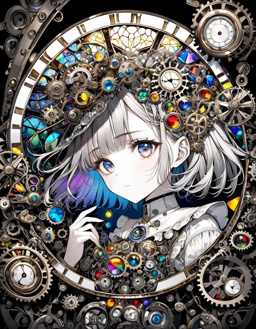 best quality, super fine, 16k, incredibly absurdres, extremely detailed, delicate and dynamic, stained glass kaleidoscope made of jewels of various colors, with mechanical mechanisms, clockwork mechanisms, and gear mechanisms, monochrome girl peering into it, iridescent world artwork