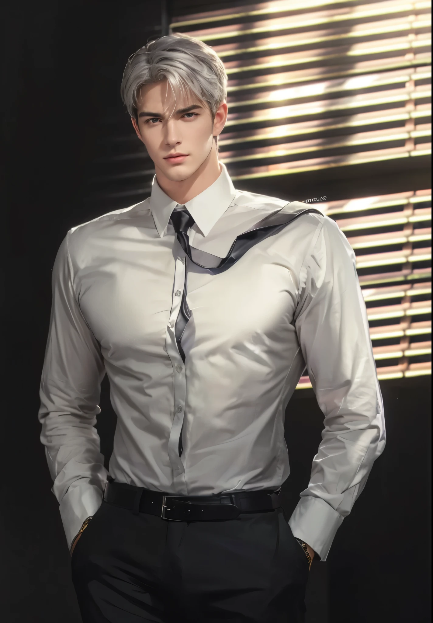 4k, high resolution, best quality, masterpiece, perfect color, perfect shade, perfect lighting, Posted by e621, ((portrait)), ((handsome man)), perfect male figure, Short hair details,Detailed face, perfect face, (stood up), Detailed background, ((Bonifasco Lighting)),white hair, wearing white shirt, black leather belt, black neck tie,