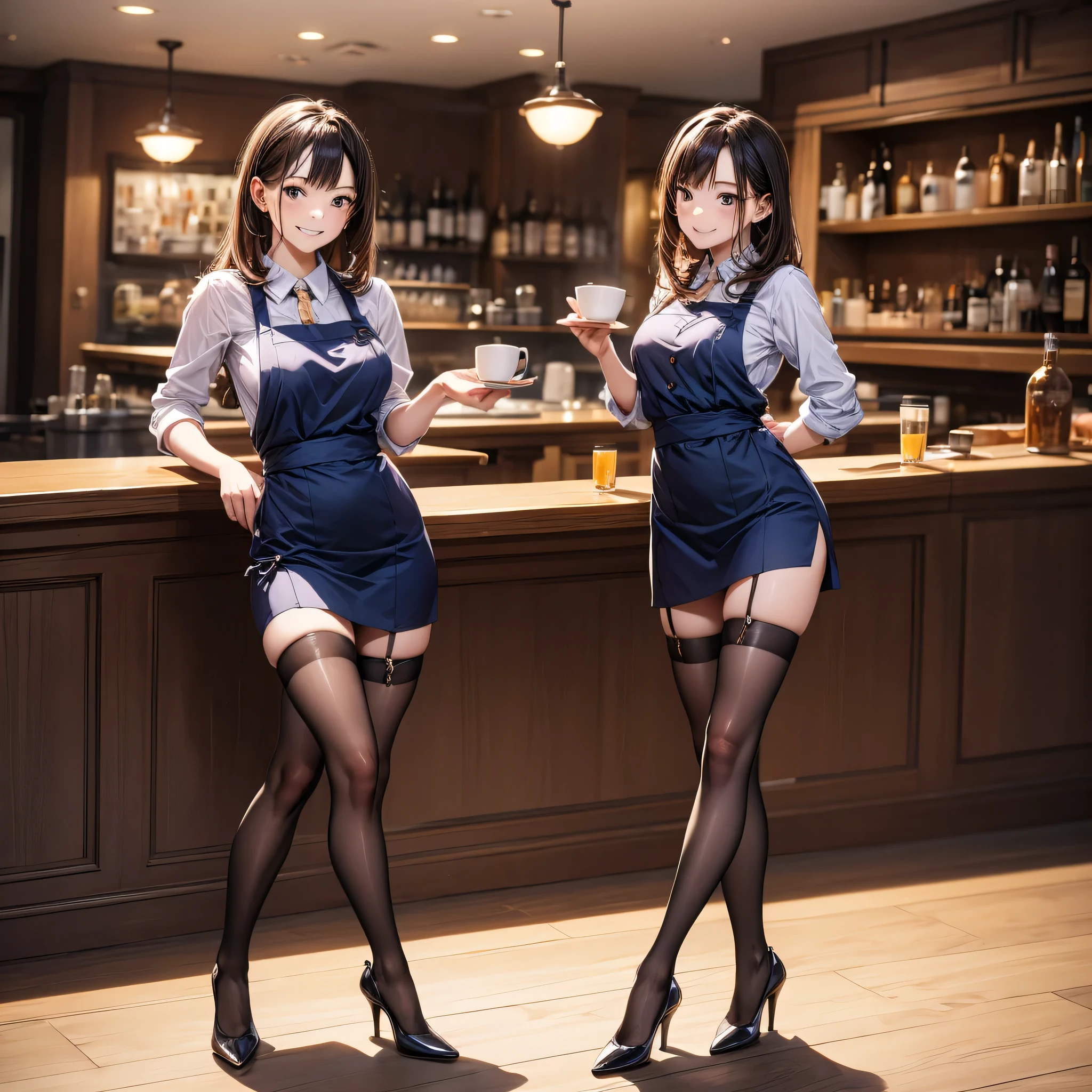 (masterpiece:1.3),(best quality, highest quality),((Full Body Shot,Including face)),girl2s,4K,masterpiece,((Focus on the face)),((Symmetrical facial features)),Beautiful woman,(Slender),((High heels,Patterned stockings with straps)),Detailed depiction of the face, Cafe clerk ,In front of the bar counter,profile,Slenderな女性,Cafe uniform,Age 25,smile