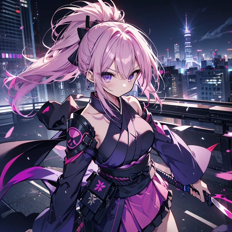 high-level image quality、top-quality、Detailed drawing、Does not blush cheeks、Slender beauty、Docile、ninjartist、Kunoichi、Suku Swimsuit、Small eyes、Smaller chest、Contrasty、hime-cut、Pink hair、Battle Scene Pose、fighting poses、Holding a sword in both hands、Cross hands、nightcity