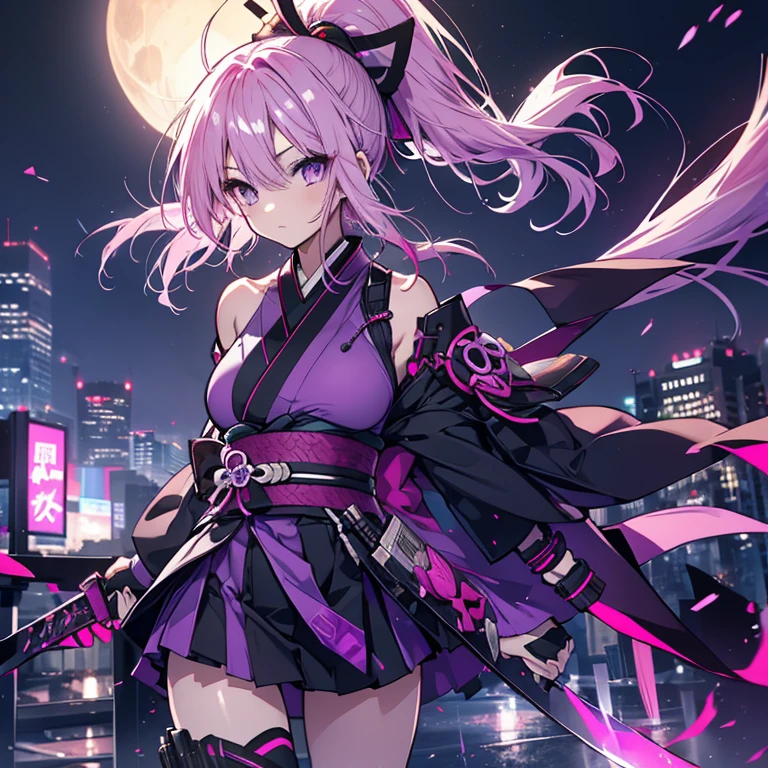 1 girl、Mature、Ample breasts、Purple Eyes、Pink Hair、Long Hair、ponytail、Ninja、Armament、kimono、Shoulder Bare、Miniskirt、Arm Covers、Pointed handbag、I don't want、Ninja、knife、Battle Scenes、cool、Downtown、Night view、Rooftop