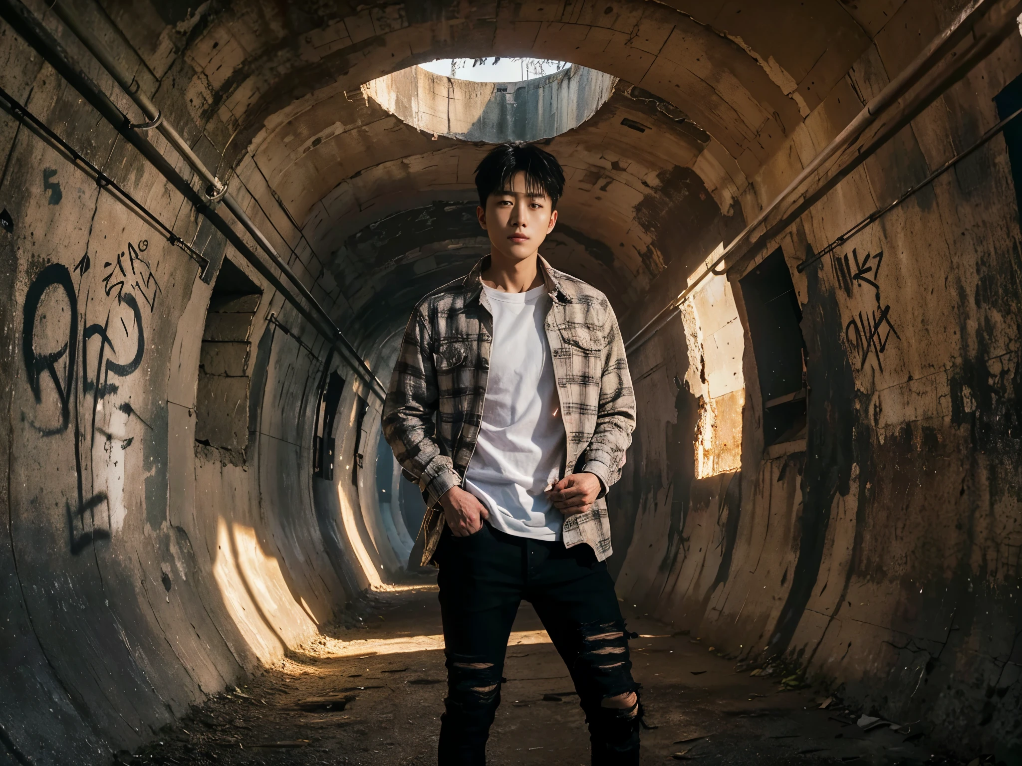 A striking photo of a handsome Korean man wearing a worn flannel shirt and ripped black jeans, standing in a dark old train tunnel. Sunlight streamed in through the hole in the ceiling, casting it in golden light, casting dramatic shadows all around. The tunnel walls are covered in graffiti and ancient stains, adding to the eerie atmosphere.