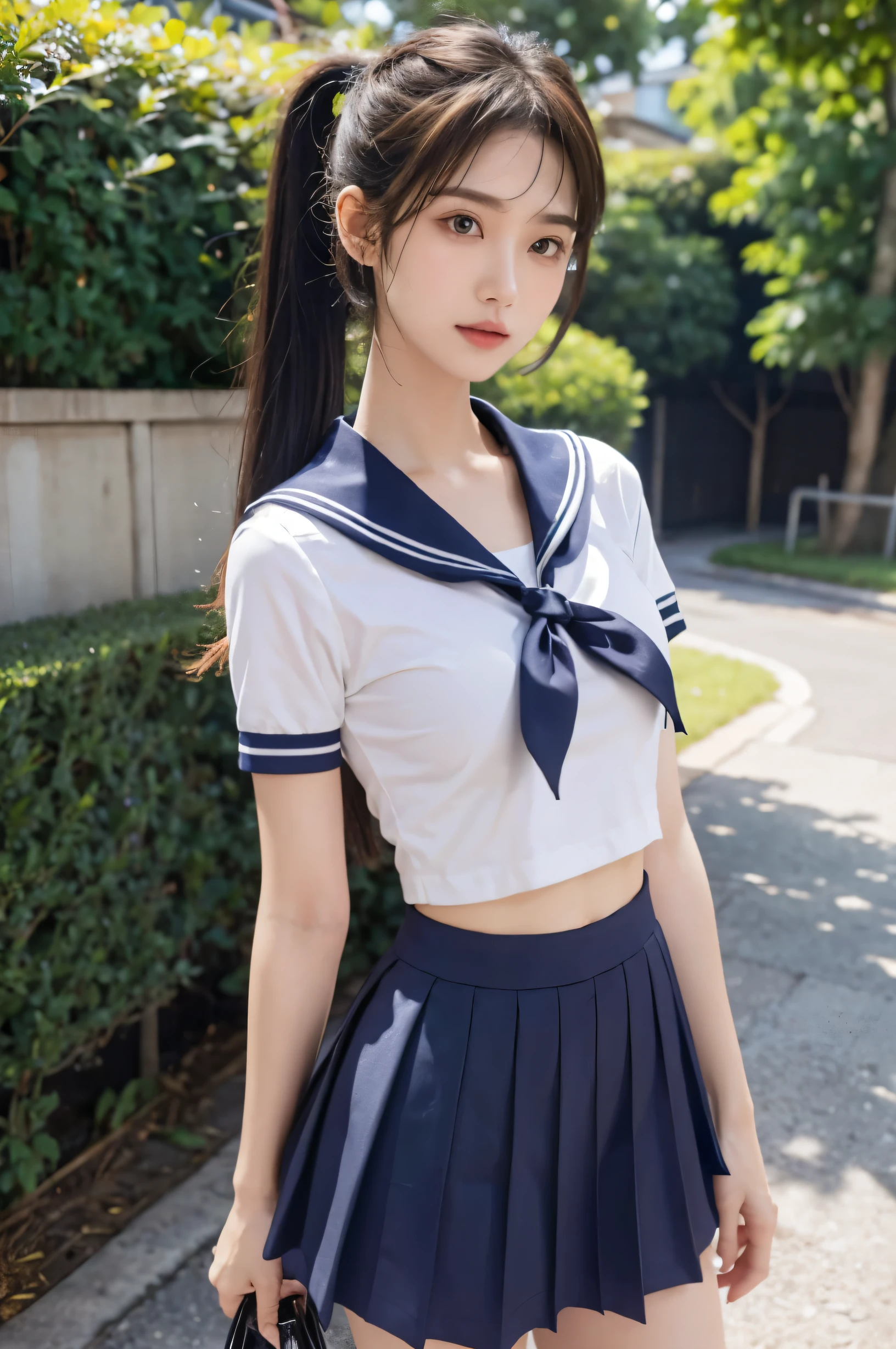 (Ultra HD), (Short-sleeved sailor uniform, Navy blue mini skirt), Big Breasts, slender, Narrow waist, whole body, Standing posture, (Clean and shiny skin, Whitening, No makeup), (Super slim face, Super beautiful face), (ponytail, Layered Cut, Fluffy hair), (double eyelid, Slanted Eyes), Small Nose, Thin lips, Thin legs, In front of the school gate, evening