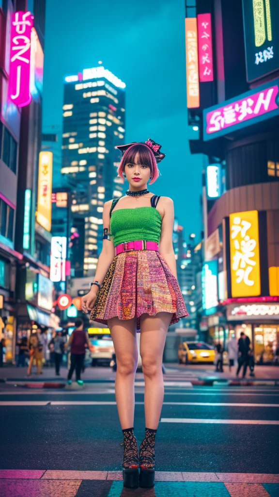 Masterpiece, Top quality, Wearing unique Harajuku style clothing, Mint green stands out, Bold colors and patterns, Eye-catching accessories, Trendy and innovative hairstyle, Bright makeup, Dazzling cyberpunk cityscape, Skyscrapers, Neon signs, LED lights, Bright and vibrant color scheme, Anime, Shape, Finely textured skin, High quality fabrics, Intricate details, Highly detailed, Low angle, Full body, Vision (Look away: 1.4), Dynamic pose, Short hair, Wind blowing,