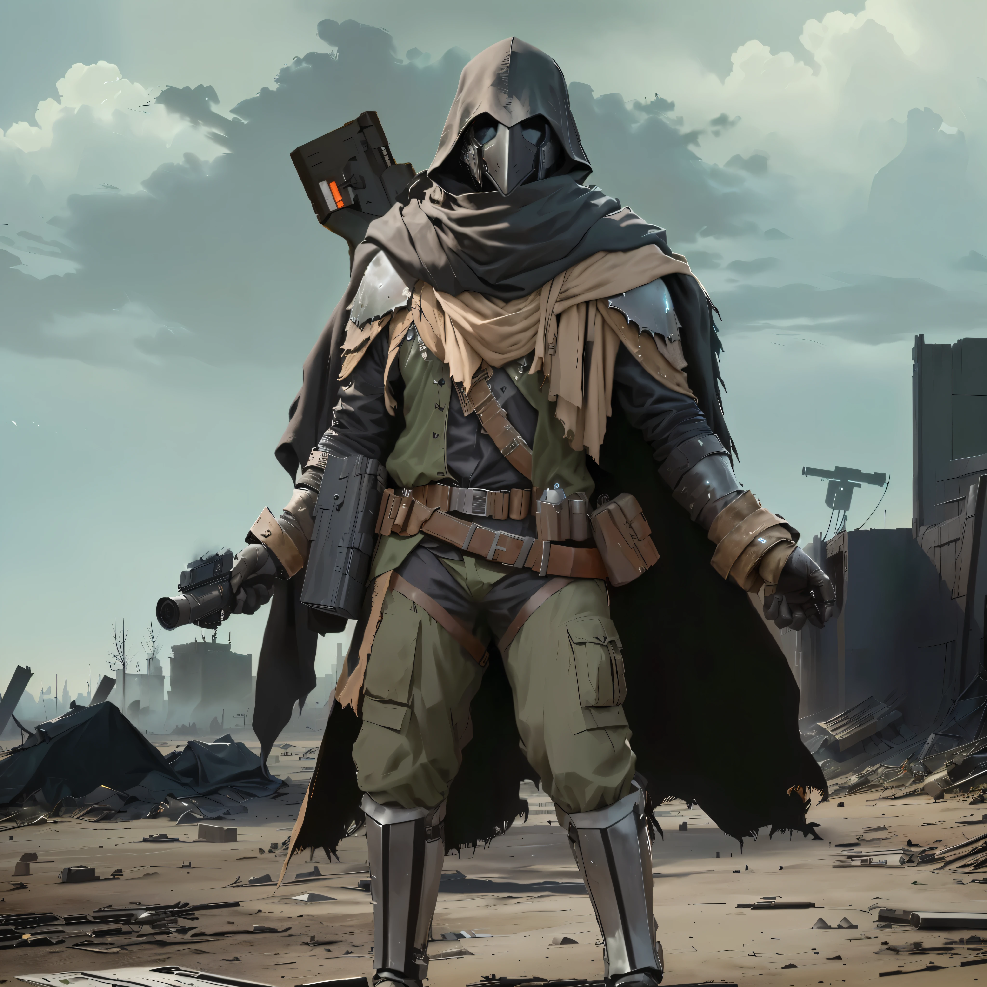 arafed man in a helmet and a hood holding a gun, dystopian bounty hunter, arcane wizard x boba fett, wearing cloak on blasted plain, amazing 8k character concept art, craig mullins style, postapocalyptic explorer, craig mullins nekro, destiny concept art, destiny art, standing in wasteland, wojtek fus