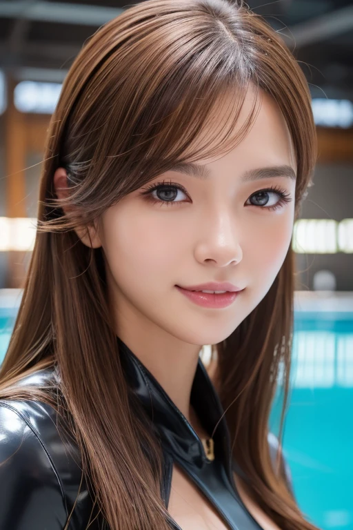 Latex bodysuit、Knee-high boots、Huge 、Long brown hair、Shiny, Oily skin、Glowing Skin、Indoor competition pool、White skin、Flying debris, Highest quality, Realistic, Very detailed, finely, High resolution, 8K デンデ wallpaper, One beautiful woman,, Light brown messy hair, Wear a business suit, Sharp focus, Perfect dynamic composition, Beautiful and detailed, Detailed Hair, Detailed Realistic skin texture, smile, Close-up portrait, Model body type