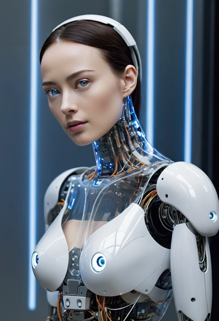 Taken from a distance, a highly advanced humanoid robot inspired by Ava from the movie 'X Machina.' The robot should have a strikingly lifelike female face with realistic skin, expressive eyes, and subtle features. The body should combine transparent, sleek limbs made of glass revealing intricate mechanical components, wires, and glowing circuits. The setting should be a futuristic, high-tech lab with sleek, minimalistic design elements, featuring soft lighting that highlights the robot's details and gives a mysterious, sophisticated atmosphere