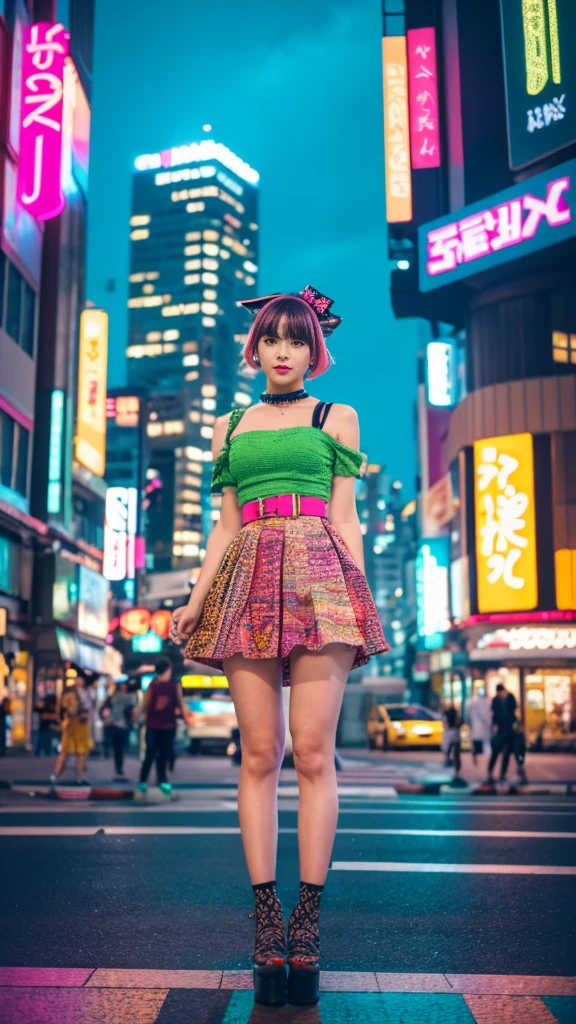 Masterpiece, Top quality, Wearing unique Harajuku style clothing, Mint green stands out, Bold colors and patterns, Eye-catching accessories, Trendy and innovative hairstyle, Bright makeup, Dazzling cyberpunk cityscape, Skyscrapers, Neon signs, LED lights, Bright and vibrant color scheme, Anime, Shape, Finely textured skin, High quality fabrics, Intricate details, Highly detailed, Low angle, Full body, Vision (Look away: 1.4), Dynamic pose, Short hair, Wind blowing,