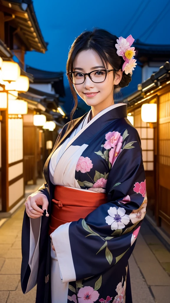 (Super beautiful woman in kimono)、((highest quality、8K masterpiece:1.3))、sharp focus:1.2、(super beautiful face:1.0)、(shiny skin:1.0)、realistic pictures、black hair、video lighting、High resolution eyes and face、video lighting、japanese actress、from the front、big breasts、with a happy smile、Slender abs beauty、whole body、wearing a kimono、in Kyoto、(((luxury obi)))、In Kyoto at night、wearing glasses with no edge、with a fan、Fireworks Display