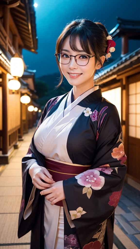 (Super beautiful woman in kimono)、((highest quality、8K masterpiece:1.3))、sharp focus:1.2、(super beautiful face:1.0)、(shiny skin:1.0)、realistic pictures、black hair、video lighting、High resolution eyes and face、video lighting、japanese actress、from the front、big breasts、with a happy smile、Slender abs beauty、whole body、wearing a kimono、in Kyoto、(((luxury obi)))、In Kyoto at night、wearing glasses with no edge、with a fan、Fireworks Display