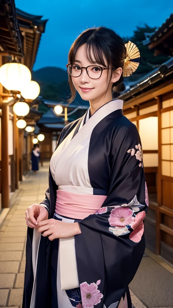 (Super beautiful woman in kimono)、((highest quality、8K masterpiece:1.3))、sharp focus:1.2、(super beautiful face:1.0)、(shiny skin:1.0)、realistic pictures、black hair、video lighting、High resolution eyes and face、video lighting、japanese actress、from the front、big breasts、with a happy smile、Slender abs beauty、whole body、wearing a kimono、in Kyoto、(((luxury obi)))、In Kyoto at night、wearing glasses with no edge、with a fan、Fireworks Display