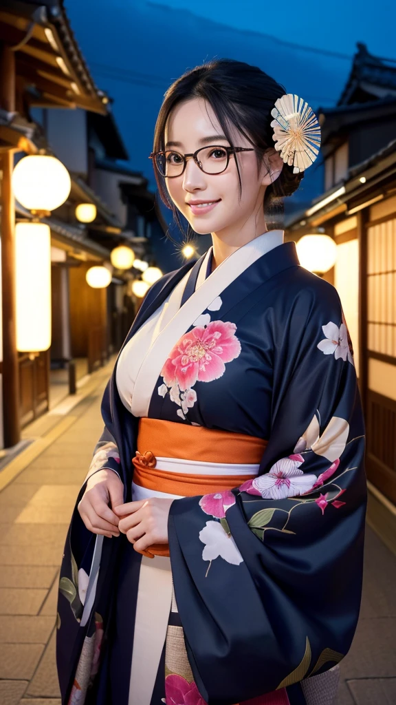 (Super beautiful woman in kimono)、((highest quality、8K masterpiece:1.3))、sharp focus:1.2、(super beautiful face:1.0)、(shiny skin:1.0)、realistic pictures、black hair、video lighting、High resolution eyes and face、video lighting、japanese actress、from the front、big breasts、with a happy smile、Slender abs beauty、whole body、wearing a kimono、in Kyoto、(((luxury obi)))、In Kyoto at night、wearing glasses with no edge、with a fan、Fireworks Display