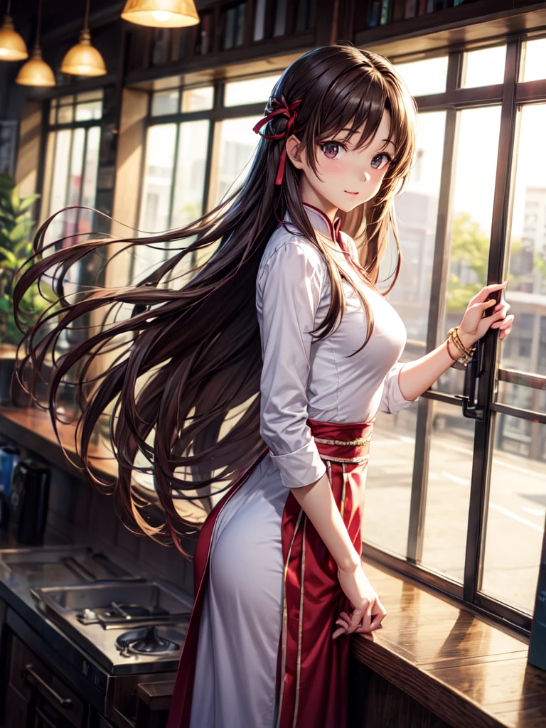 Highest quality, masterpiece, ultra super detailed,High resolution,8k,16k,32k,anime,cinematic lighting,(Perfect anatomy,anatomically correct),yuuki_asuna,Eft_sao_asuna, 1girl,solo, standing,embarrassing,Brown Hair, Brown eyes, Long Hair, Hair Ribbon, aodai, Looking at viewer, restaurant