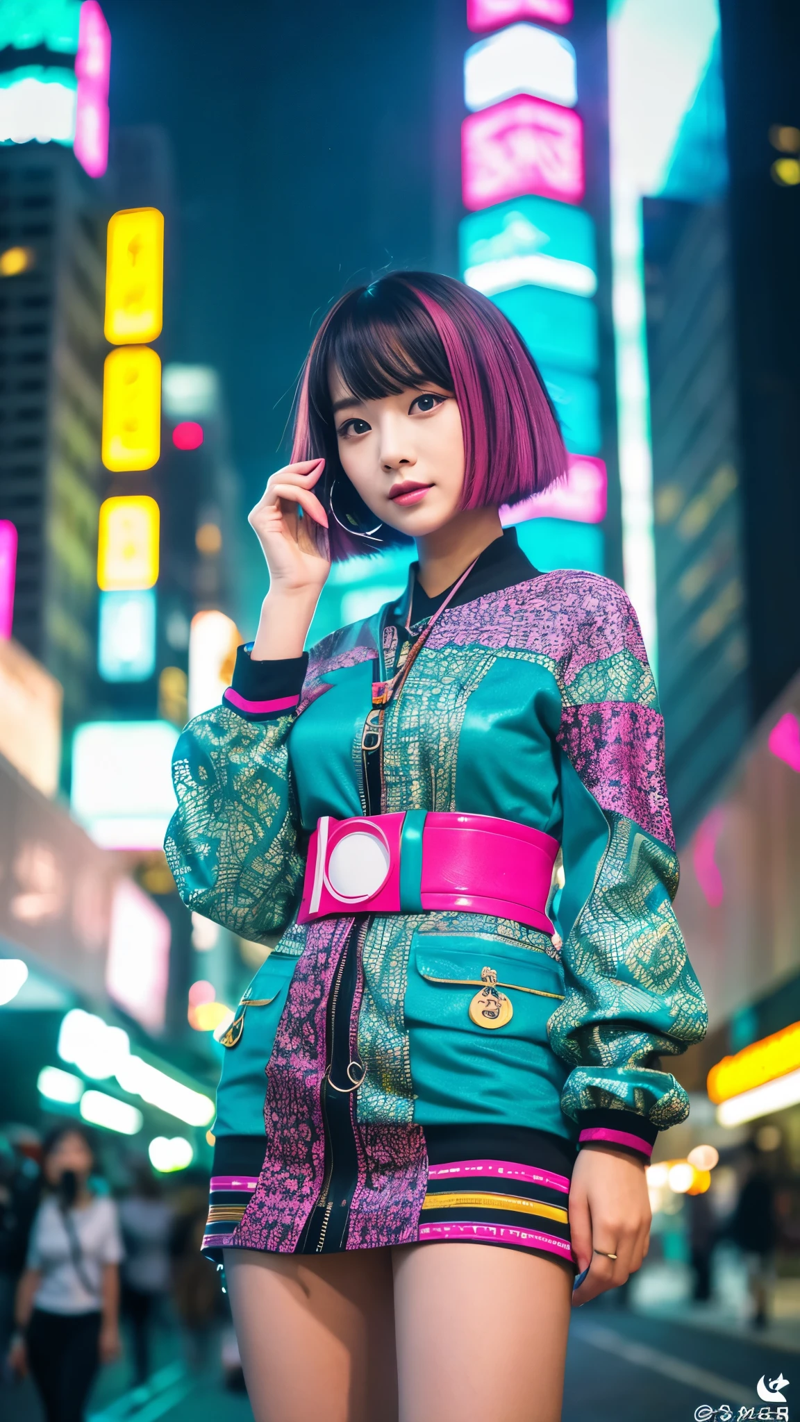 Masterpiece, Top quality, Wearing unique Harajuku style clothing, Mint green stands out, Bold colors and patterns, Eye-catching accessories, Trendy and innovative hairstyle, Bright makeup, Dazzling cyberpunk cityscape, Skyscrapers, Neon signs, LED lights, Bright and vibrant color scheme, Anime, Shape, Finely textured skin, High quality fabrics, Intricate details, Highly detailed, Low angle, Full body, Vision (Look away: 1.4), Dynamic pose, Short hair, Wind blowing,