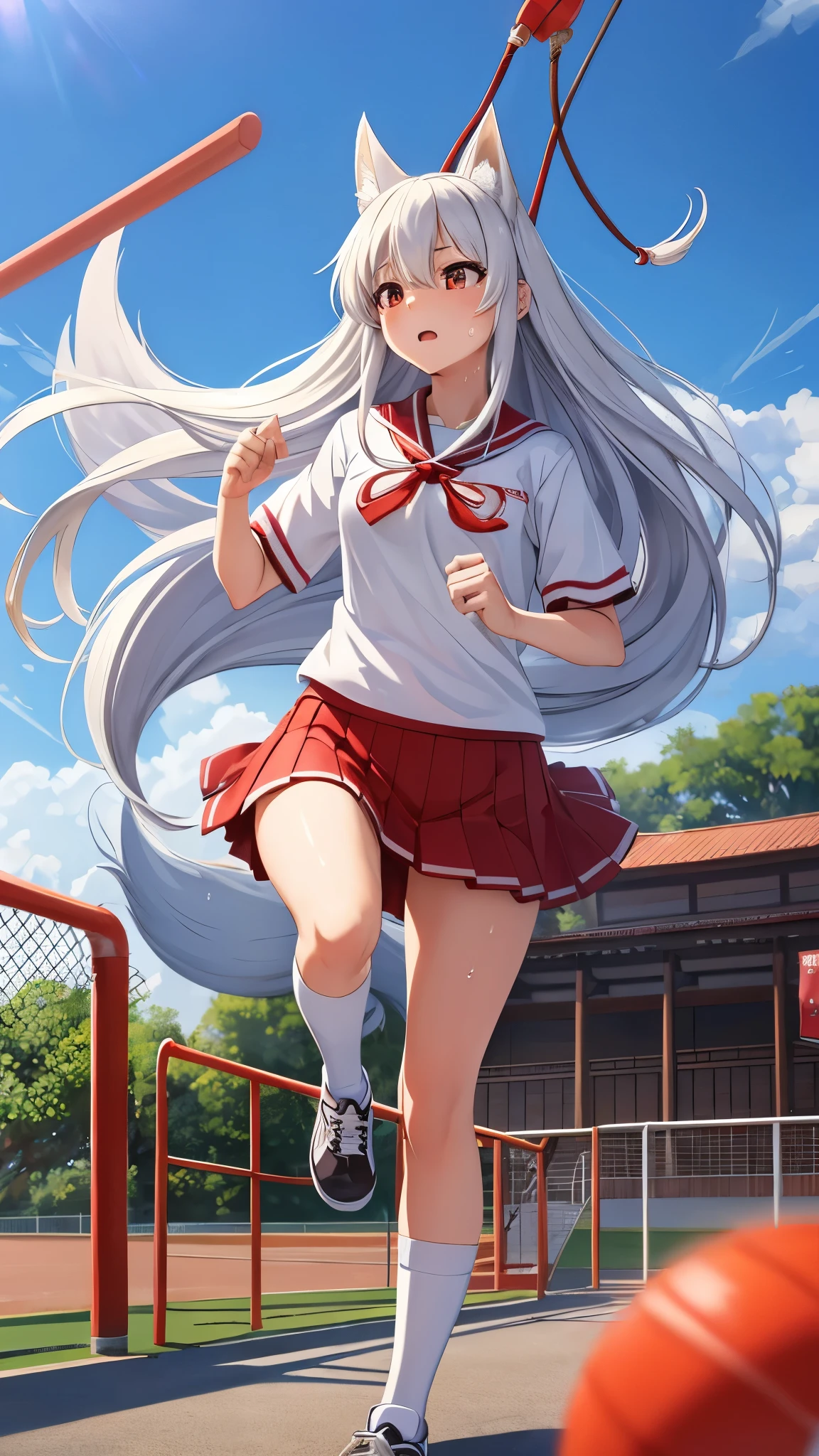 (masterpiece), (best quality), ((high resolution)), ((pupils)), fiveseven, 1girl, long ponytail, silver hair, large breasts, ((red gym uniform)), athletics track, outdoors, running, smile