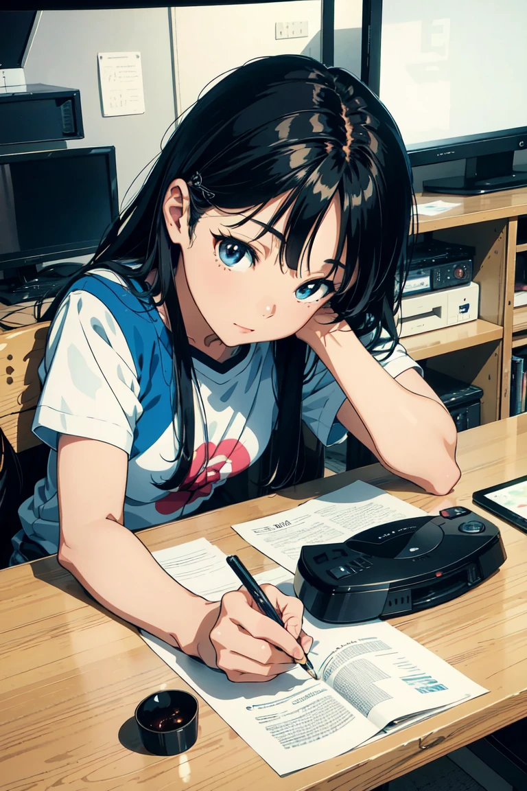 Close-up of a person sitting at a desk with a television, Hiro Yamagata's Art Paintings, Art Station, What it is?, Smooth anime CG art, Anime very detailed, ( Highly detailed figures ), 8K high quality, detailed art, High quality and detailed animation, | Anime with attention to detail, Realistic Anime 3D Style, Beautiful and detailed anime art