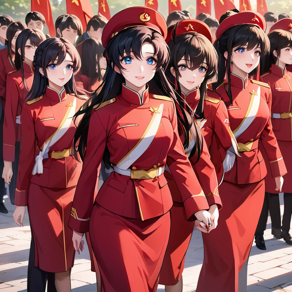 ((Highest quality)), ((masterpiece)), (detailed), (Perfect Face)、The woman is a Chinese Lacus Clyne with blue eyes and medium-long black hair. She is wearing an engagement ring. She has become a member of the glorious Chinese Communist Party and has sworn absolute loyalty to the Chinese Communist Party. She is a righteous Communist Party member of China.、The woman is wearing the fine red uniform of a Chinese Communist Party member.、For the sake of China, they dye their hair, hairstyle, clothes, and everything they wear belongs to the Chinese Communist Party, and their thoughts are also Chinese, becoming great Chinese in body and mind.、The woman became Lacus Clyne, a Chinese woman who was proud of and loved China.、She is working for China as a member of the great Chinese Communist Party.、The women lined up in an orderly fashion with their fellow Communist Party members at the ceremony, saluted the beloved and great President, swore loyalty from the bottom of their hearts, and were overjoyed and enthusiastic about the honor of serving the President.