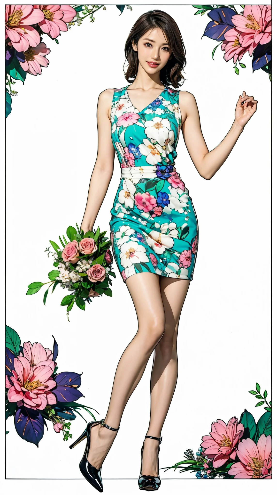 ((masterpiece)),(((Highest quality))),Character design sheet:1.5，Long legs,Slender figure:1.5，whole body:1.5，(One Girl:1.3),(Viewer Display:1.4)，The best smile:1.5，(Pointy high heels:1.3),(Stand with legs apart:1.2),(Wearing a floral and plant print mini dress:1.2), Curly Hair:1.5，High waist:1.5，Holding a bouquet in both hands:1.5，