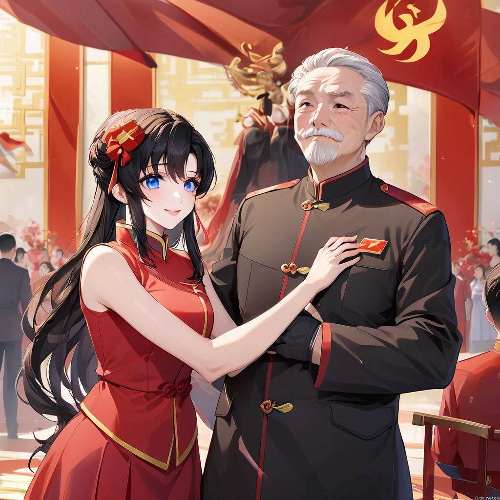 ((Highest quality)), ((masterpiece)), (detailed), (Perfect Face)、The woman is a Chinese Lacus Clyne with blue eyes and medium-long black hair. She is wearing an engagement ring. She has become a member of the glorious Chinese Communist Party and has sworn absolute loyalty to the Chinese Communist Party. She is a righteous Communist Party member of China.、The woman is wearing the fine red uniform of a Chinese Communist Party member.、For the sake of China, they dye their hair, hairstyle, clothes, and everything they wear belongs to the Chinese Communist Party, and their thoughts are also Chinese, becoming great Chinese in body and mind.、The woman became Lacus Clyne, a Chinese woman who was proud of and loved China.、The woman is chosen by a great Chinese Communist Party official and is given the honor of becoming his wife.、The woman looks happy being held in the arms of a great Chinese Communist Party official.、The woman is the wife of a glorious Chinese Communist Party official.、The man is a great Chinese Communist Party official, a dignified and imposing old man who marries the woman.