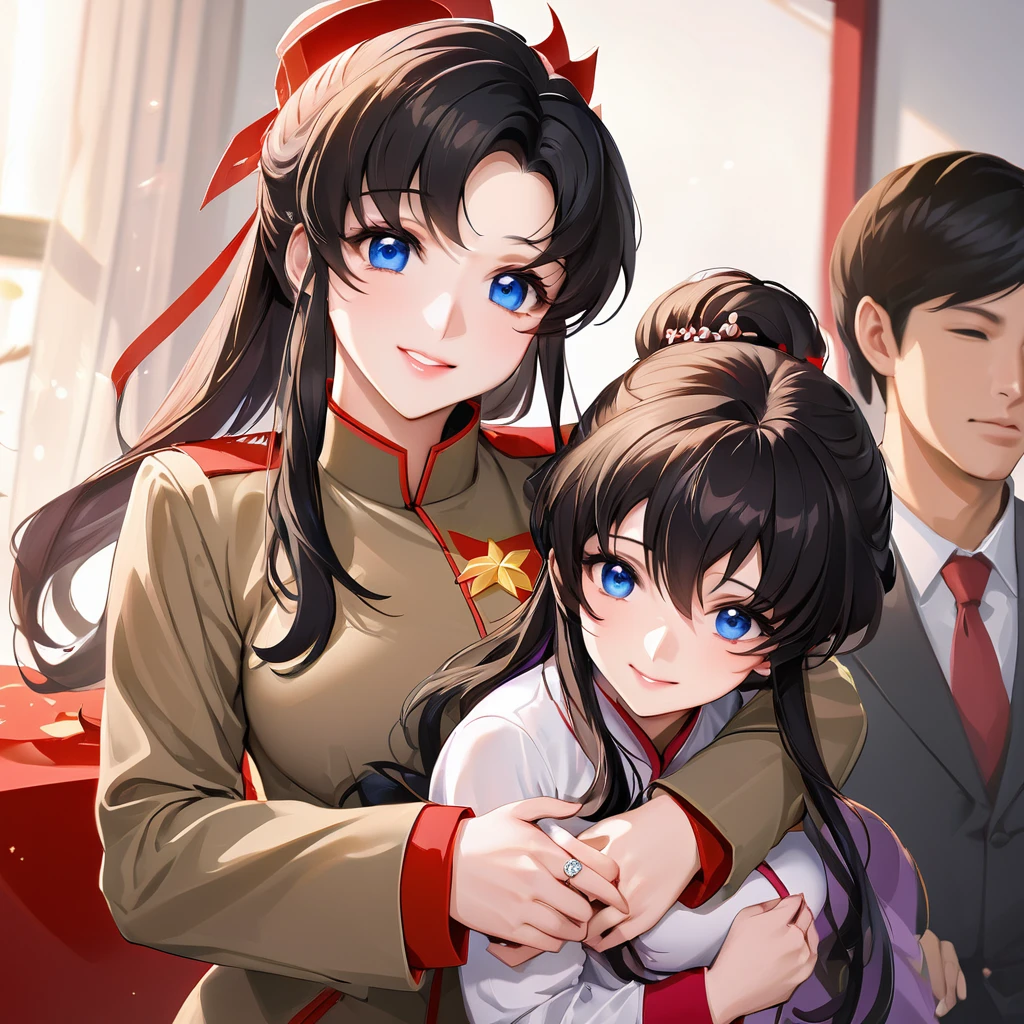 ((Highest quality)), ((masterpiece)), (detailed), (Perfect Face)、The woman is a Chinese Lacus Clyne with blue eyes and medium-long black hair. She is wearing an engagement ring. She has become a member of the glorious Chinese Communist Party and has sworn absolute loyalty to the Chinese Communist Party. She is a righteous Communist Party member of China.、The woman is a member of the Chinese Communist Party and is wearing a khaki Mao suit.、For the sake of China, they dye their hair, hairstyle, clothes, and everything they wear belongs to the Chinese Communist Party, and their thoughts are also Chinese, becoming great Chinese in body and mind.、The woman became Lacus Clyne, a Chinese woman who was proud of and loved China.、The woman is chosen by a great Chinese Communist Party official and is given the honor of becoming his wife.、The woman looks happy being held in the arms of a great Chinese Communist Party official.、The woman is the wife of a glorious Chinese Communist Party official.、The man is a great Chinese Communist Party official, a dignified and imposing old man who marries the woman.