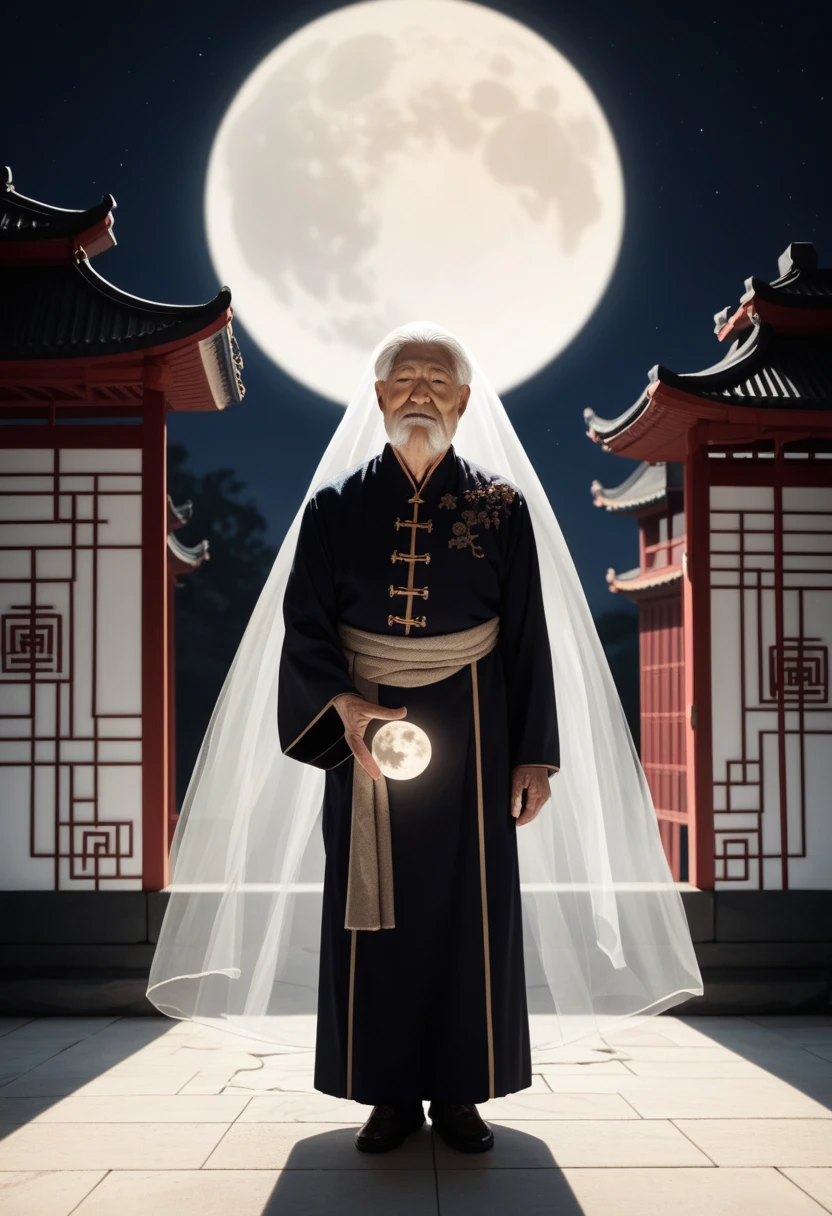 (best quality,high resolution,masterpiece:1.2)An old man with a long white beard,(抬头仰望Full Moon:1.2),( Chinese elderly:1.3),White hair,Wearing period costume,Oriental ancient gardens,Guting,Background shadows,(Full Moon:1.3), old, Calm expression, Peaceful atmosphere, Night view, Moonlit Night, Shining Star, A wisp of white clold, Soft moonlight, Peaceful and tranquil, Reflect on emotions, Wisdom and contemplation, mystery, magic,mystery气息, Ethereal, Charming atmosphere,Perfect composition
