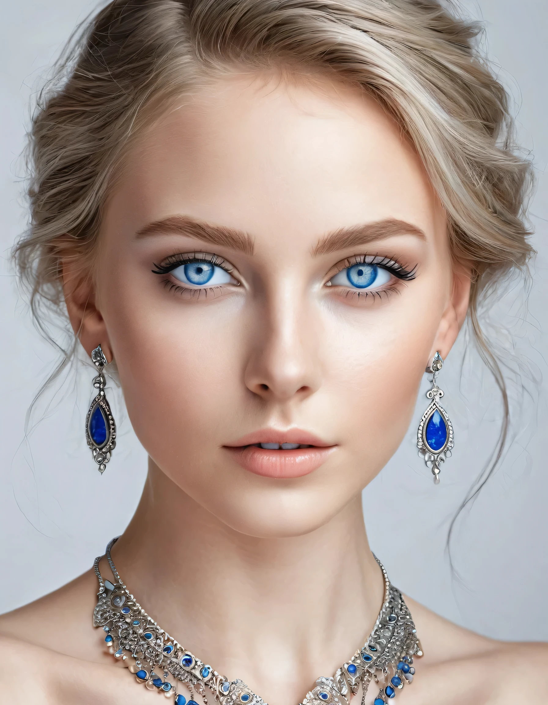 Beautiful girl with blue eyes, drawn in pencil style, white background, detailed hair and skin texture, light facial features, black earrings in ears, thin silver necklace around her neck, white, bright makeup, blue eyeliner, soft shadows, portrait of attractive woman, fantastic art, fantasy world, very realistic graphics, high detail, high resolution