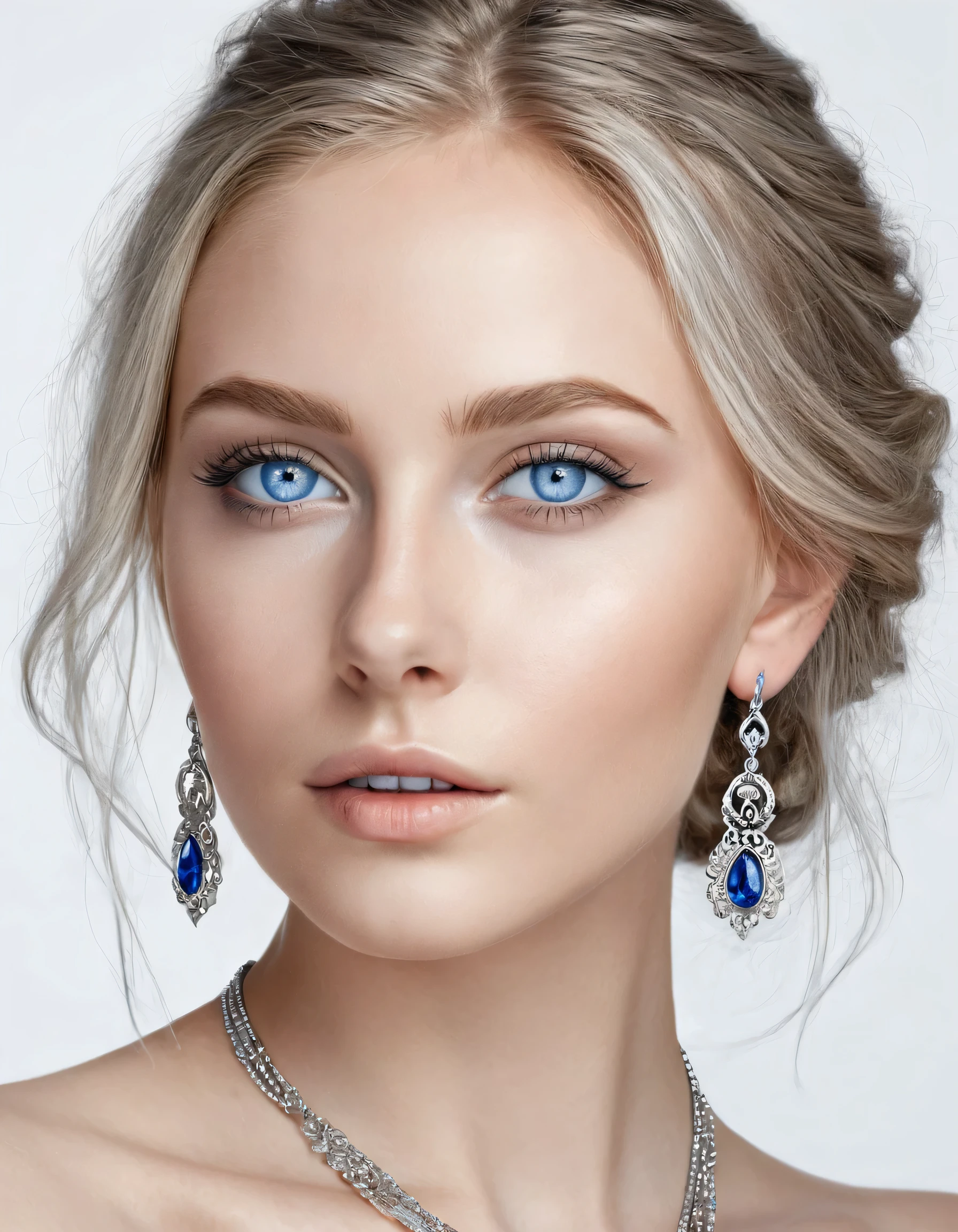 Beautiful girl with blue eyes, drawn in pencil style, white background, detailed hair and skin texture, light facial features, black earrings in ears, thin silver necklace around her neck, white, bright makeup, blue eyeliner, soft shadows, portrait of attractive woman, fantastic art, fantasy world, very realistic graphics, high detail, high resolution