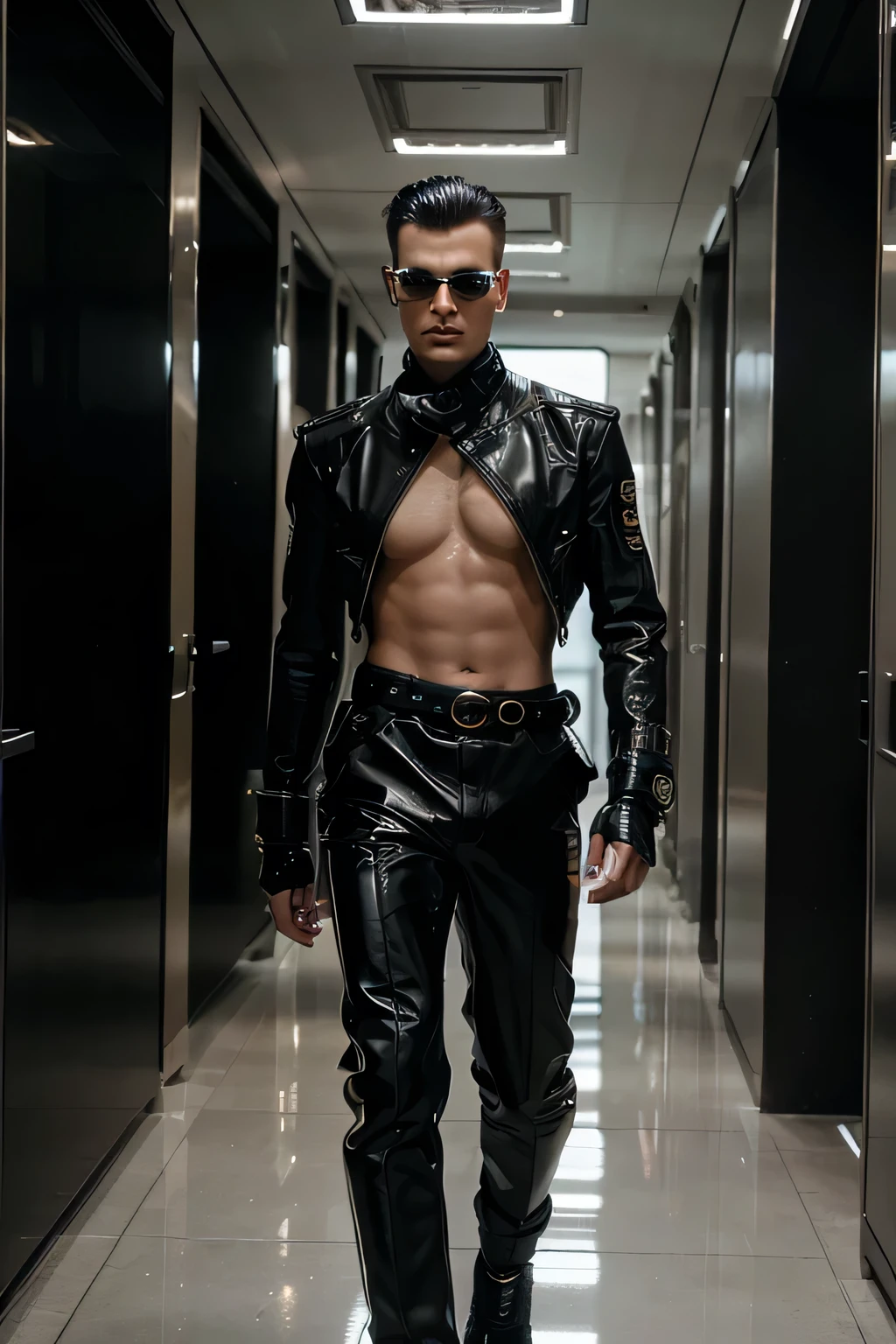 plano general: A man dressed in leather, with bare chest, walks down a futuristic urban style hallway. Context: Editorial photo for a fashion magazine, inspired by VMAN magazine and Vogue Italia, con un toque exclusivo de Dior y balenciaga. Model Details: An epic and avant-garde male model, who personifies futuristic fashion. Photography: by Anna Fussli, evoking the aesthetics of Steven Klein and inspired by Hedi Xandt.
Style and Theme:
fashion editorial: futurist, brutal, cyberpunk.
Dressing: Shoulder pads and armor, with a suit made up of 80% dorado, 10% black and the rest in colors.
Brand and Inspiration: Gucci, Dior, balenciaga.
Location: Milan.
agenda 2030: The fashion of the future.
Model Description: Attractive beefy male, sensual, eccentric.
Essence of the Look: Vanguard, cyborg, futurism.
Editorial Element:
Reference Magazines: Vogue Italia, VMAN.
Main theme: futuristic fashion, with a focus on the clothing and wardrobe of the future.
fashion show: Presentación brutal y futurista.