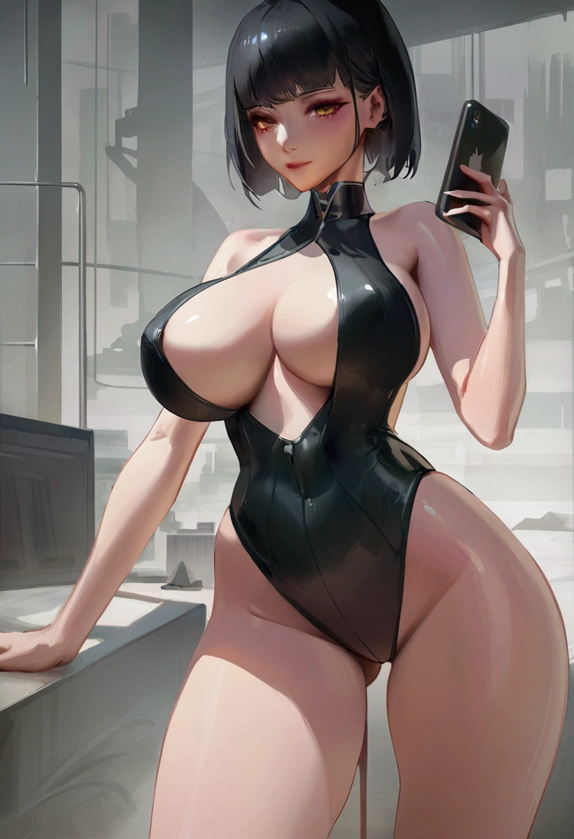 anime - style image of a woman dressed in black with a big breast, seductive anime girl, Guweiz and Pixiv Artstation, Guweiz and Artstation Pixiv, negro, Covered breasts and SFW, trend on artstation pixiv, revealing outfit, cyberpunk oppai, top rated on pixiv, guweiz, revealing outfit