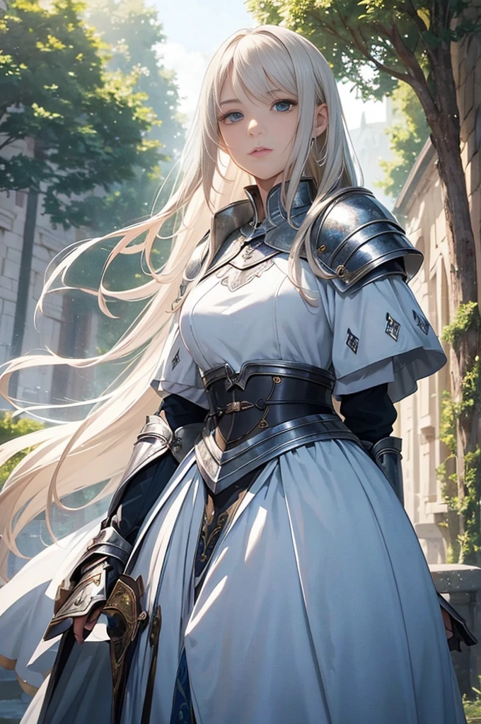 ​masterpiece, top-quality, One Young Woman Knight、Beautiful fece、Rin々Right、Beautiful face、beautidful eyes、25-years old、Silver Half Plate and Dress Armor、Gorgeous blonde、long、Blue eyes、thoughtful、White horse、magical fantasy、in isekai、medieval europe、((FULL BODYSHOT))、Dynamic angles、