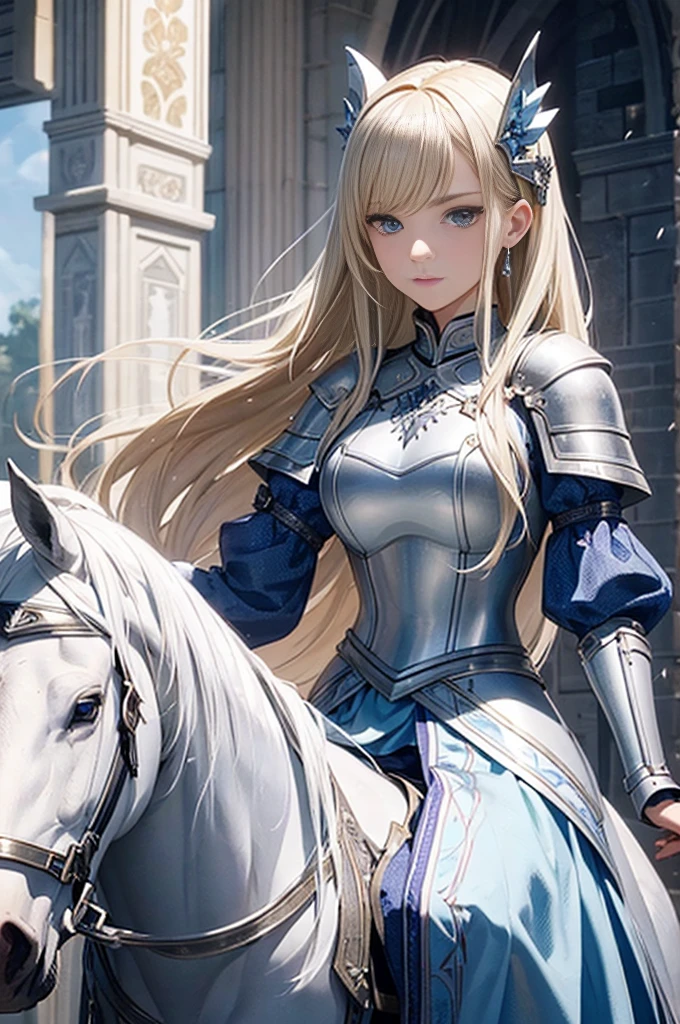 ​masterpiece, top-quality, One Young Woman Knight、Beautiful fece、Rin々Right、Beautiful face、beautidful eyes、25-years old、Silver Half Plate and Dress Armor、Gorgeous blonde、long、Blue eyes、thoughtful、White horse、magical fantasy、in isekai、medieval europe、((FULL BODYSHOT))、Dynamic angles、