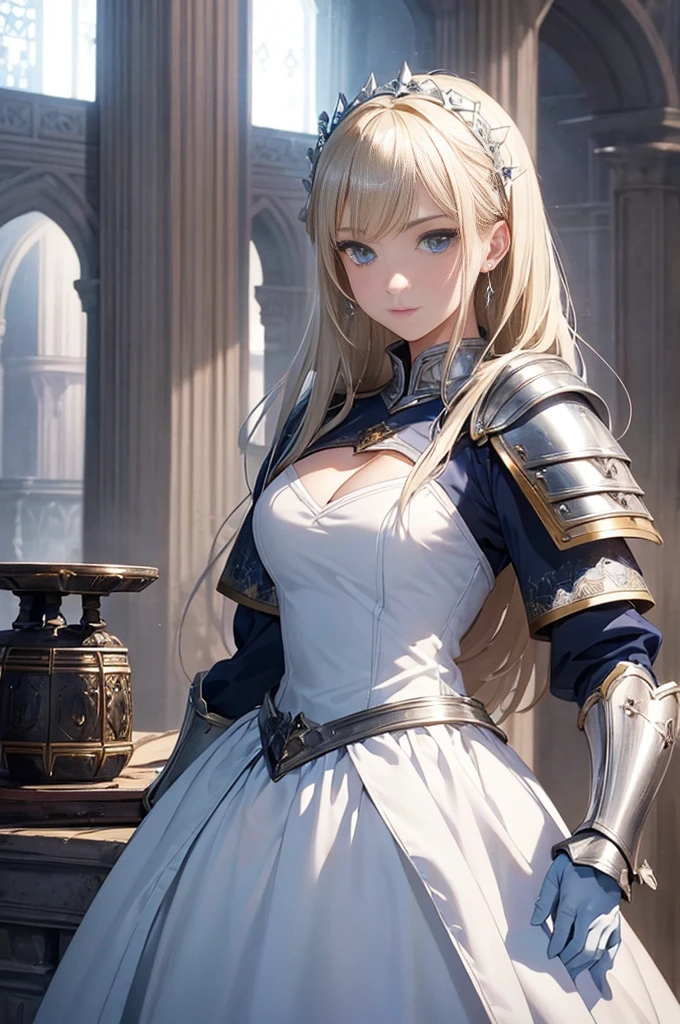 masterpiece, top-quality, One Young Woman Knight、Beautiful fece、Rin々Right、Beautiful face、beautidful eyes、25-years old、Silver Half Plate and Dress Armor、Gorgeous blonde、long、Blue eyes、thoughtful、White horse、magical fantasy、in isekai、medieval europe、((FULL BODYSHOT))、Dynamic angles、