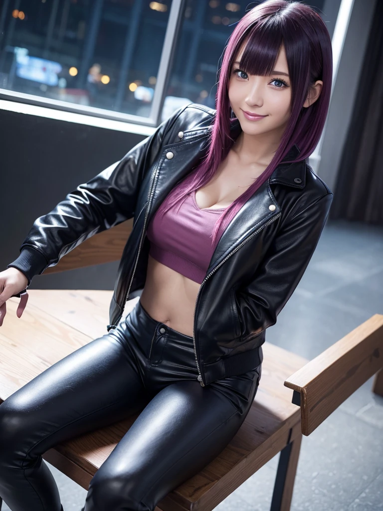 Best Quality，8k，middle School girls，leather jacket，I'm grating my bangs，Straight Hair，perfectionにまっすぐな髪型，Smooth hair，colorful hair colors，blue eyes，Flashy hair，Cyberpunk Girl，Naughty Girls，model，Absurd，Wearing leather pants，Horny girl，Naughty Girlasterpiece，perfection，hoodie，smile，Long Hair，Sitting in a chair，