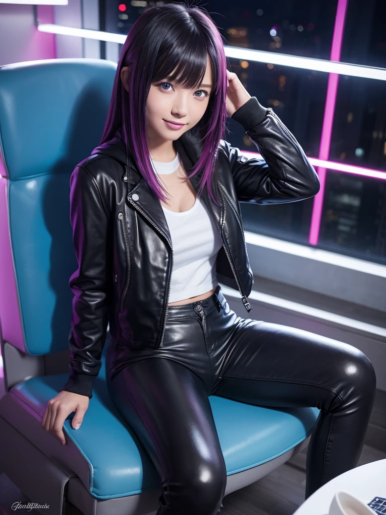 Best Quality，8k，middle School girls，leather jacket，I'm grating my bangs，Straight Hair，perfectionにまっすぐな髪型，Smooth hair，colorful hair colors，blue eyes，Flashy hair，Cyberpunk Girl，Naughty Girls，model，Absurd，Wearing leather pants，Horny girl，Naughty Girlasterpiece，perfection，hoodie，smile，Long Hair，Sitting in a chair，