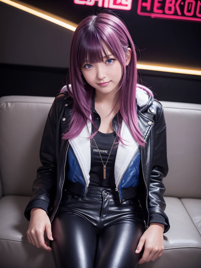 Best Quality，8k， girls，leather jacket，I'm grating my bangs，Straight Hair，perfectionにまっすぐな髪型，Smooth hair，colorful hair colors，blue eyes，Flashy hair，Cyberpunk Girl，Naughty Girls，model，Absurd，Wearing leather pants，Horny girl，Naughty Girlasterpiece，perfection，hoodie，smile，Long Hair，Sitting in a chair，