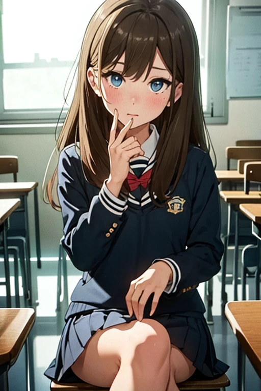 (((Highest quality、Ultra 8K、Detailed Description、high resolution)))、Girl with brown hair、Long Hair、Kuroe Mayu、Brown sailor suit、skirt、high school girl、beautiful、Sitting in a school classroom、Crossing your legs、A gentle gaze、